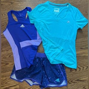 Adidas Purple and Teal Workout Outfit Set (Shorts, Tank, & Tee Set)